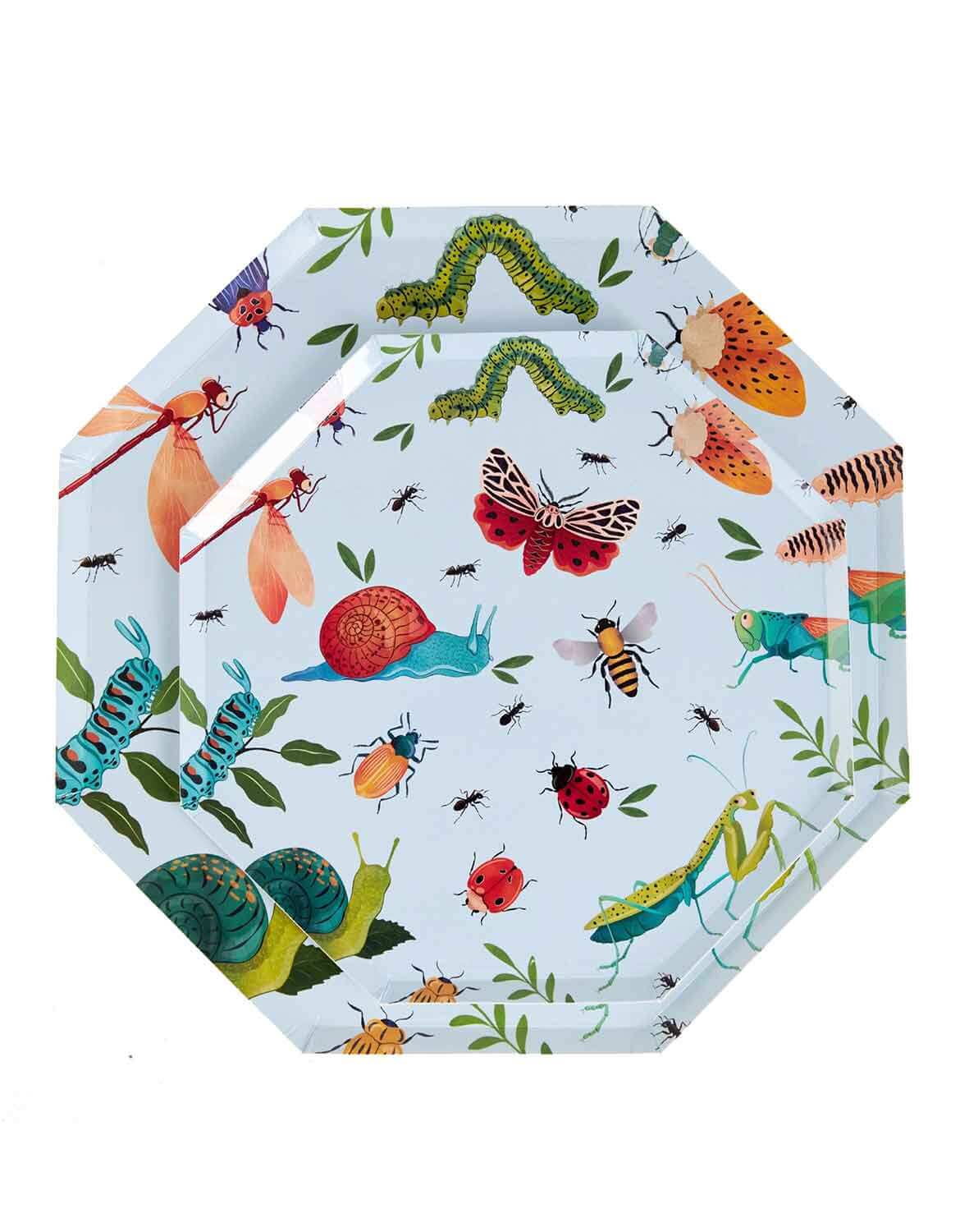 Momo Party's 10" light blue hexagonal party dinner plate and 8" side plate with colorful insect pattern stacked on a white background.