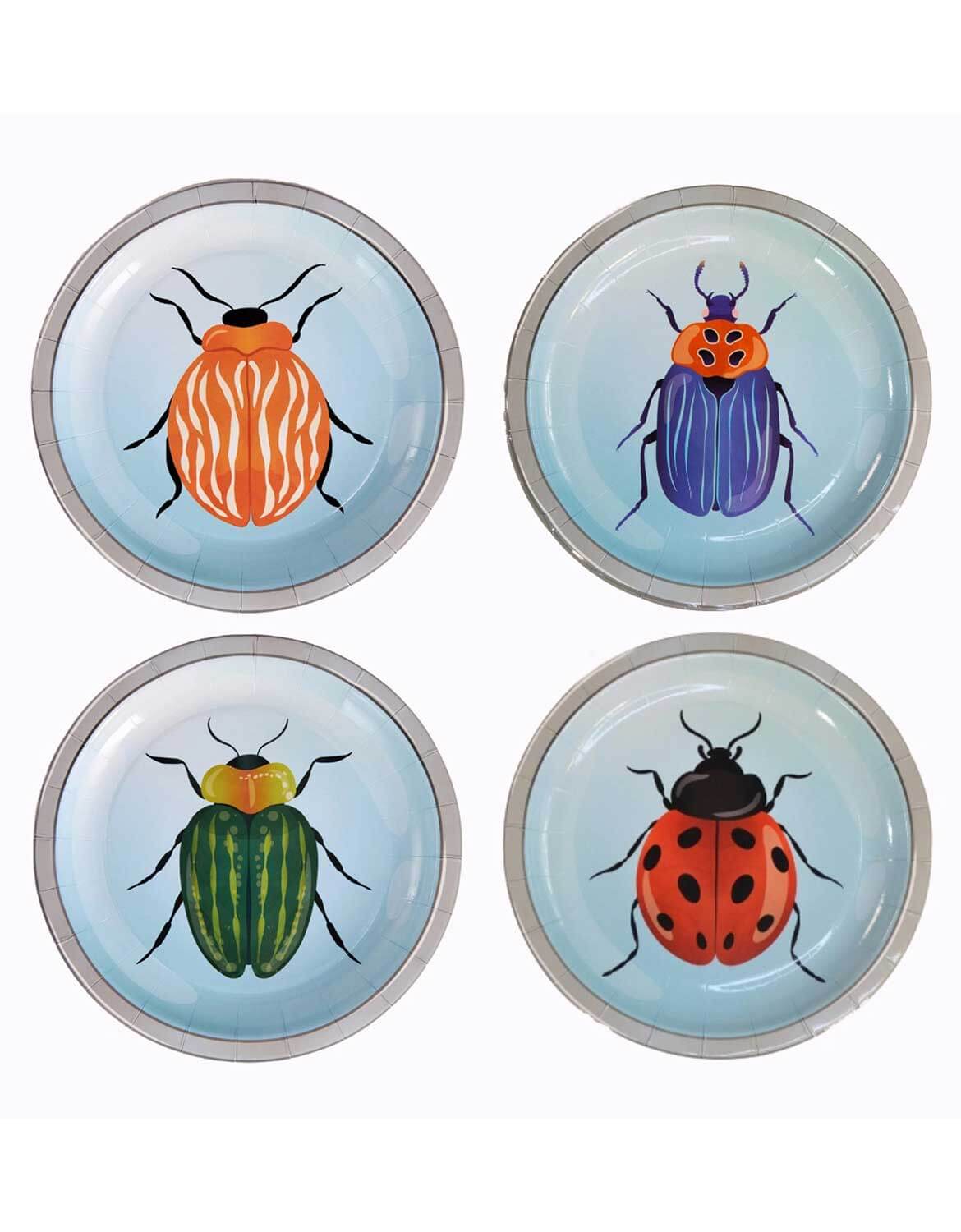 Momo Party's four round paper plates with colorful beetle illustrations in different colors on a light blue background.