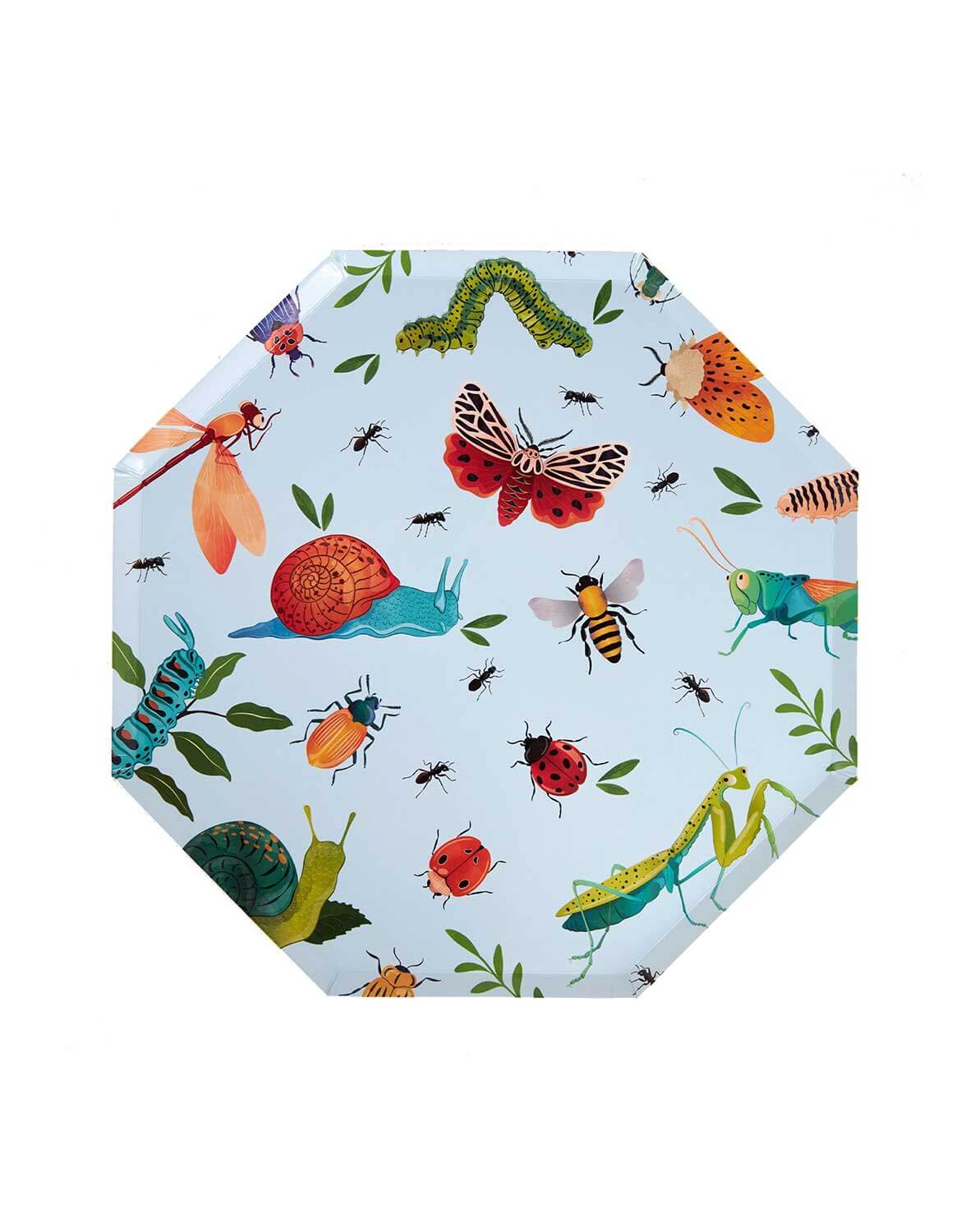 Momo Party's 8" light blue bug themed side party plate with colorful insect pattern stacked on a white background.