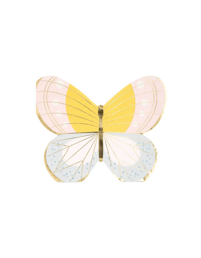 Momo Party's 6" × 4⅞" butterfly shaped napkins by My Mind's Eye. Comes in a set of 24 napkins in two different designs with gold foil accents, these napkins will elevate any occasion. Perfect for both casual and formal gatherings, these napkins are sure to bring a smile to your guests' faces.