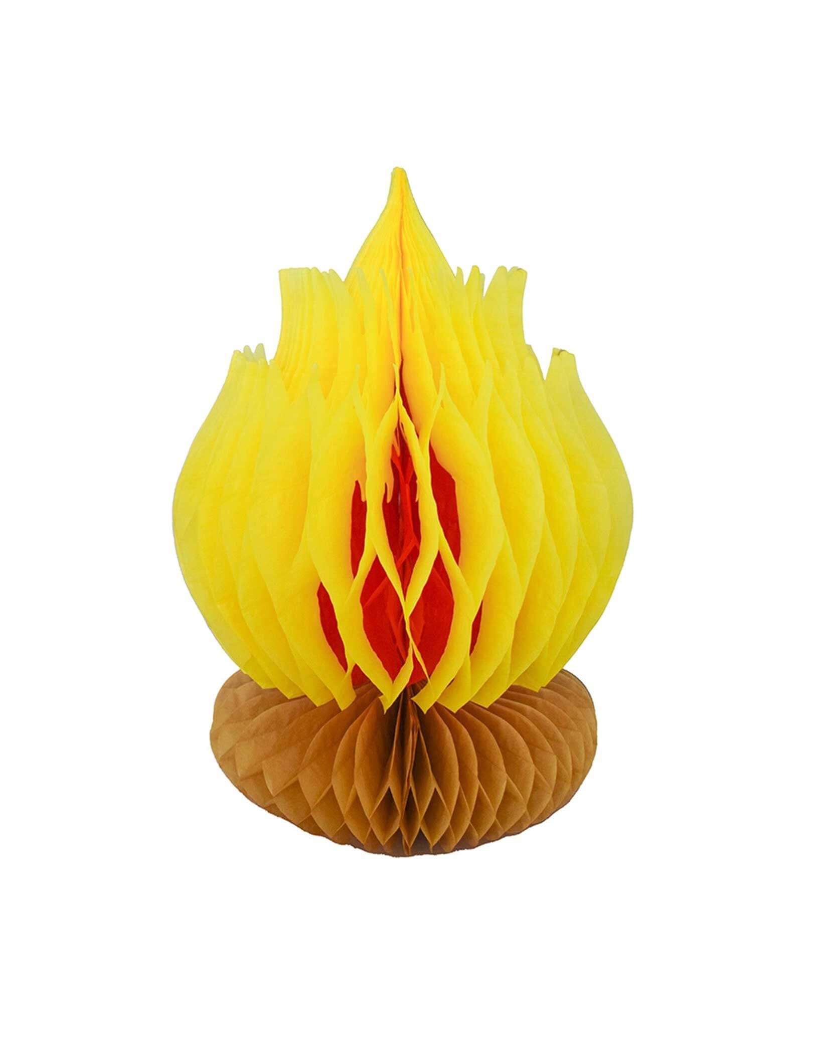 Momo Party's Camp Explorer Campfire Honeycomb Decoration with yellow flames and brown base by Daydream Society on a white background.