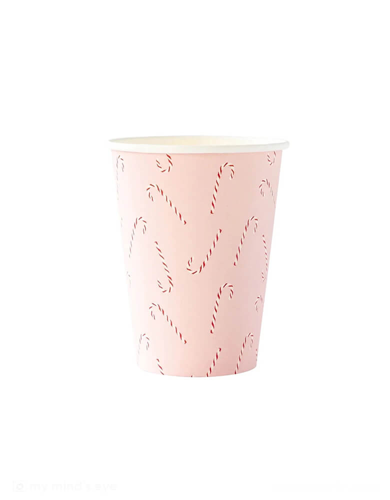 Momo Party's 12 oz Whimsy Santa Scattered Candy Cane Paper Party Cups by My Mind's Eye. With candy cane pattern in a soft pink background these paper cups are the perfect way to add some whimsy to your table this Christmas!