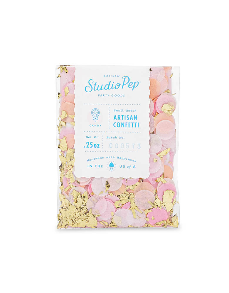 Momo Party's Candy Artisan Confetti Mini Bag by StudioPep.  This 0.25 oz Artisan Confetti Mini Bag come with Pink, Coral And Blush and Gold sherd. <div class="product-rte rte"> <p><span>They’re perfect for a girl's party, girl baby shower or any pink/pastel -themed party!
