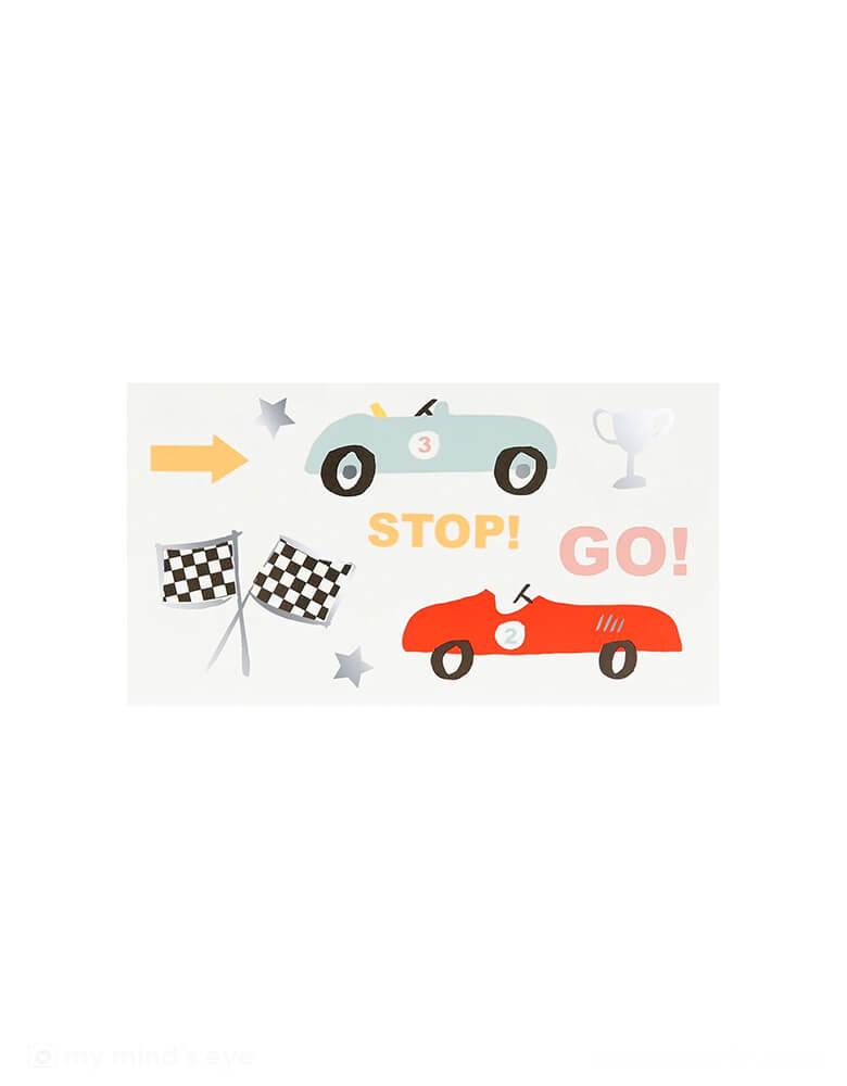 Momo Party's Race Cars Temporary Tattoos by Meri Meri. Comes in a set of 2 tattoos sheets, each features various vintage race car themed illustrations including race car flags, a trophy, "Go!" and "Stop!" tattoo stickers, these car themed temporary tattoos are perfect party activities at a kid's race car, Two Fast themed birthday party. They're perfect as goodie bag fillers to send your little racers home!