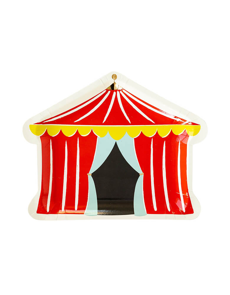 Momo Party's 9" carnival tent shaped plates by My Mind's Eye, featuring Die cut into a whimsical carnival tent, these shaped plates will have your guests stepping right up for second helpings of all of their favorite carnival fair!