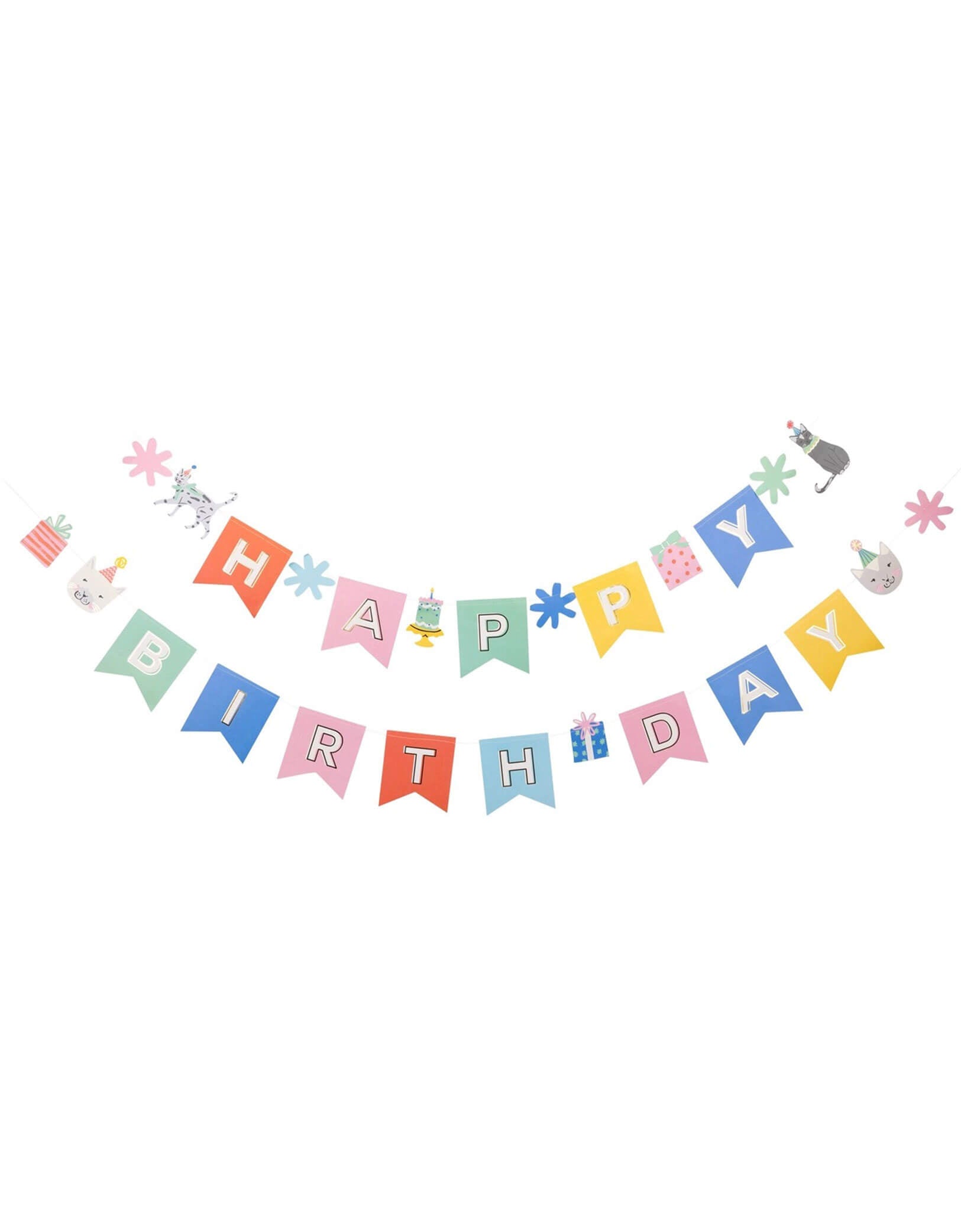Momo Party's Colorful 5ft  'Happy Birthday' banner with cat themed decorative elements on a white background.