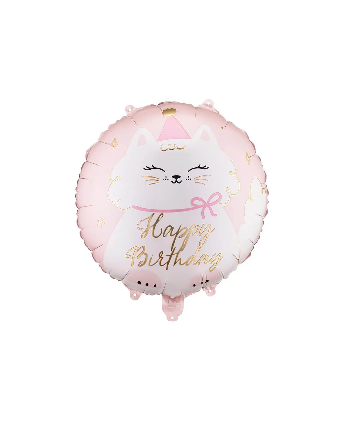 Momo Party's 18" pink round foil balloon with 'Happy Birthday' text and a cute cat with a birthday hat on it by Party Deco on a white background.