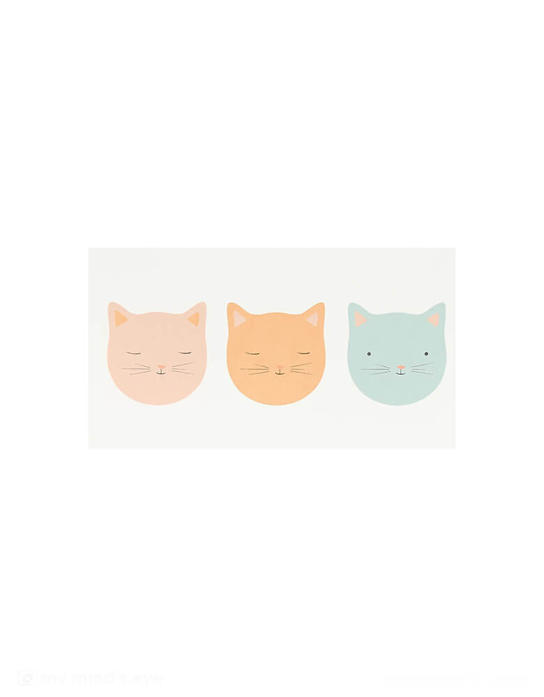 Momo Party's Cat Temporary Tattoos by Meri Meri. Comes in a set of 2 tattoo sheets, these temporary tattoos feature 3 different colors of cat illustrations. They are perfect for kid's birthday party activities and party favors at a kitten cat themed birthday party.
