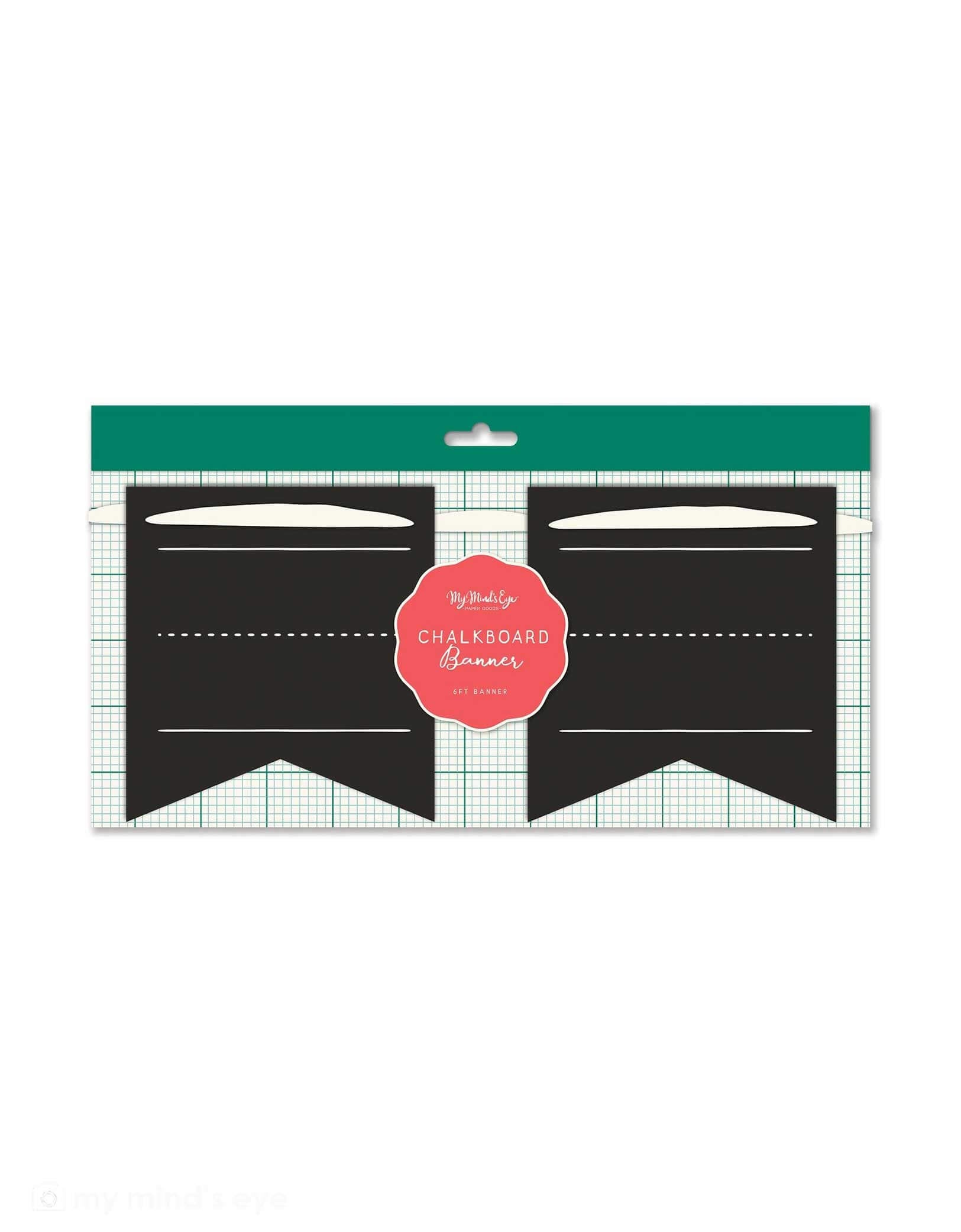 Packaged Momo Party's Chalkboard Writable Paper Banner with green border on a white background.Perfect for back-to-school parties and classroom decor, this banner lets you customize messages with chalk or chalk markers. Easy to write on and erase, it adds a fun, interactive touch to any celebration or learning space. Brighten up your event with this playful, reusable banner that invites creativity and school spirit!