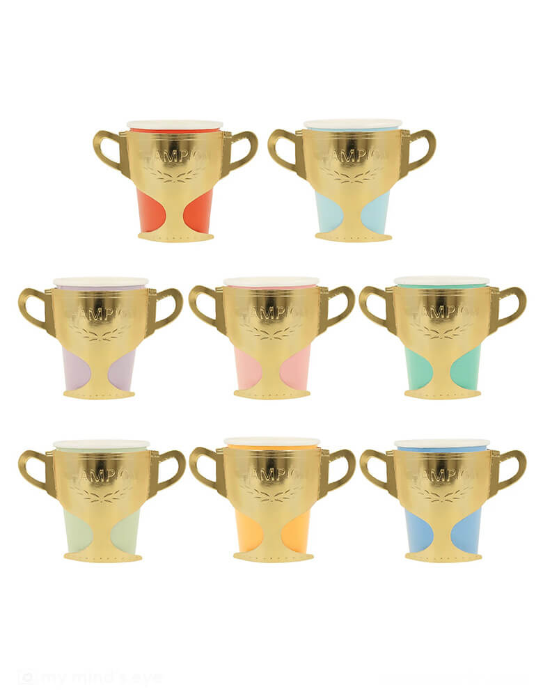 Momo Party's 9oz Champions paper cups in 8 different colors by Meri Meri. Comes in a set of 8 paper cups,  these amazing cups are with shiny gold foil details. They're perfect to fill with drinks, snacks or party favors. They're perfect for horse parties, race car party or sports party or if you're holding a party to watch horse racing or dressage.