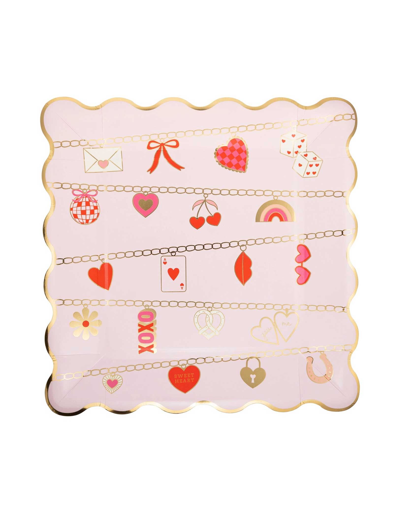 Momo Party's 9" Valentines Charm Scalloped Square Plate with gold foil edge by My Mind's Eye featuring various Valentine's Day pink, red, and cream charm bracelet design on a white background.