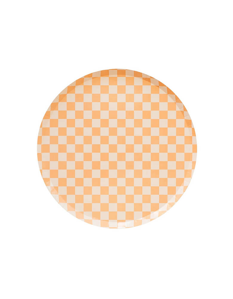 Momo Party's 8" Check It! Peach Checkered Dessert Plates by Jollity & Co. Inspired by the classic skater shoe, this Check It collection is sure to make your party checklist! The two-tone plates and checkered print dessert plates are perfect for mixing and matching with your favorite party pieces or used as stand-alone items.
