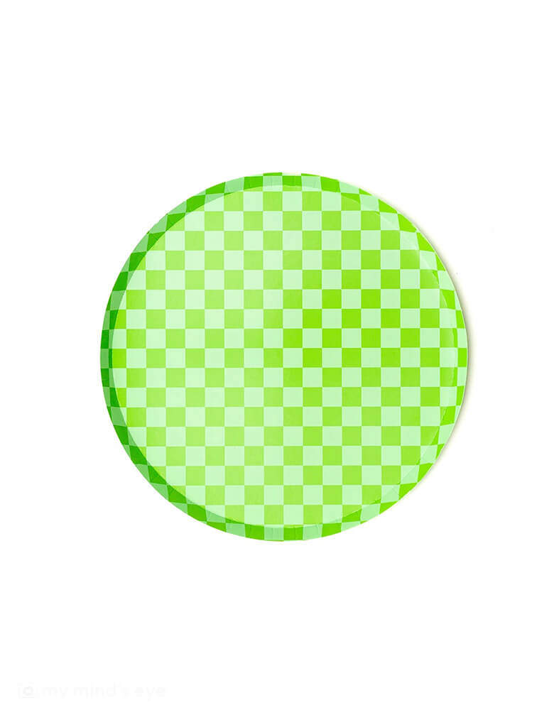 Momo Party's 8" Check It! Lime Green Checkered Dessert Plates by Jollity & Co. Inspired by the classic skater shoe, this Check It collection is sure to make your party checklist! The two-tone plates and checkered print dinner plates are perfect for mixing and matching with your favorite party pieces or used as stand-alone items. These lime green checkered plates are perfect for a Toy Story Buzz Lightyear themed birthday party or a St. Patrick's Day celebration.