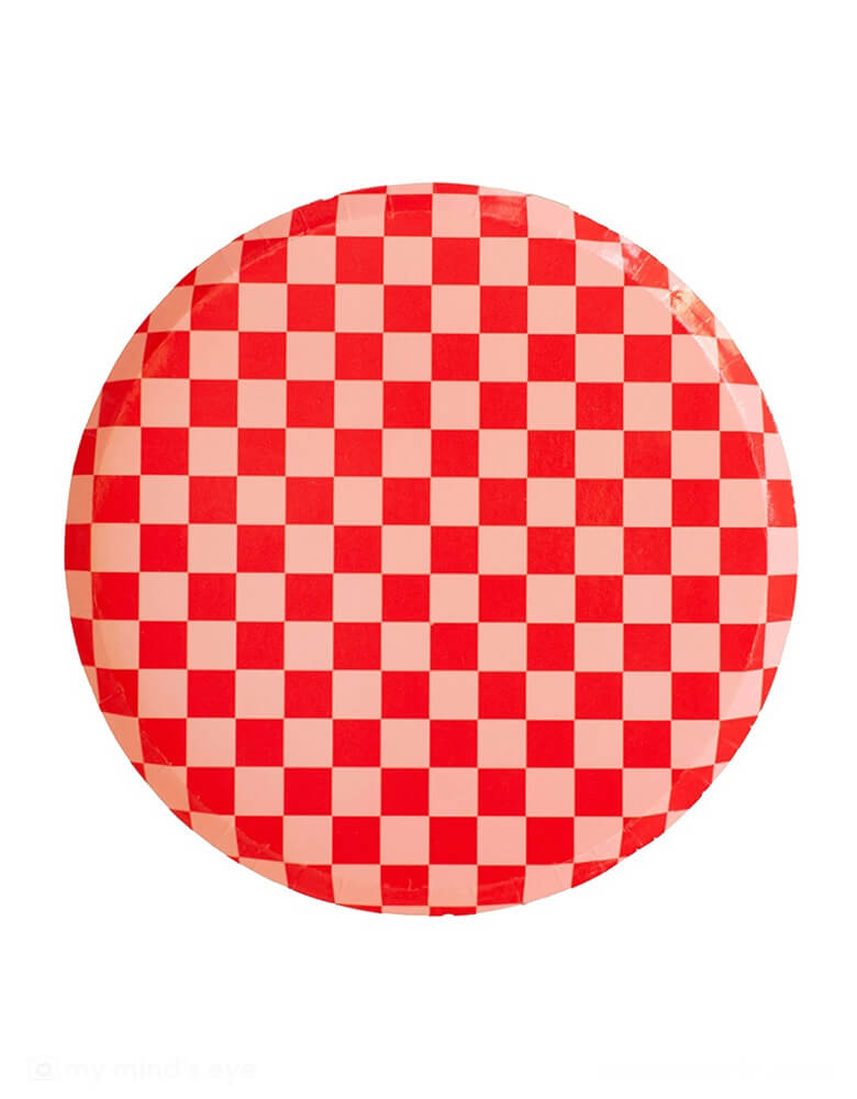 Momo Party's 10" Check It! Cherry Red Checkered Dinner Plates by Jollity & Co. Inspired by the classic skater shoe, this Check It collection is sure to make your party checklist! The two-tone plates and checkered print dinner plates are perfect for mixing and matching with your favorite party pieces or used as stand-alone items. These red checkered plates are perfect for a Valentine's Day party or Galentine's bash!