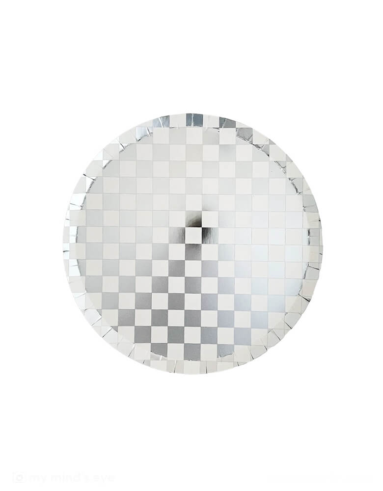 Momo Party's 8" Check It! Silver Checkered Dessert Plates by Jollity & Co. Inspired by the classic skater shoe, this Check It collection is sure to make your party checklist! The two-tone plates and checkered print dinner plates are perfect for mixing and matching with your favorite party pieces or used as stand-alone items. These silver checkered plates are perfect for a Toy Story Buzz Lightyear themed birthday, space themed party, or a New Year's Eve celebration!