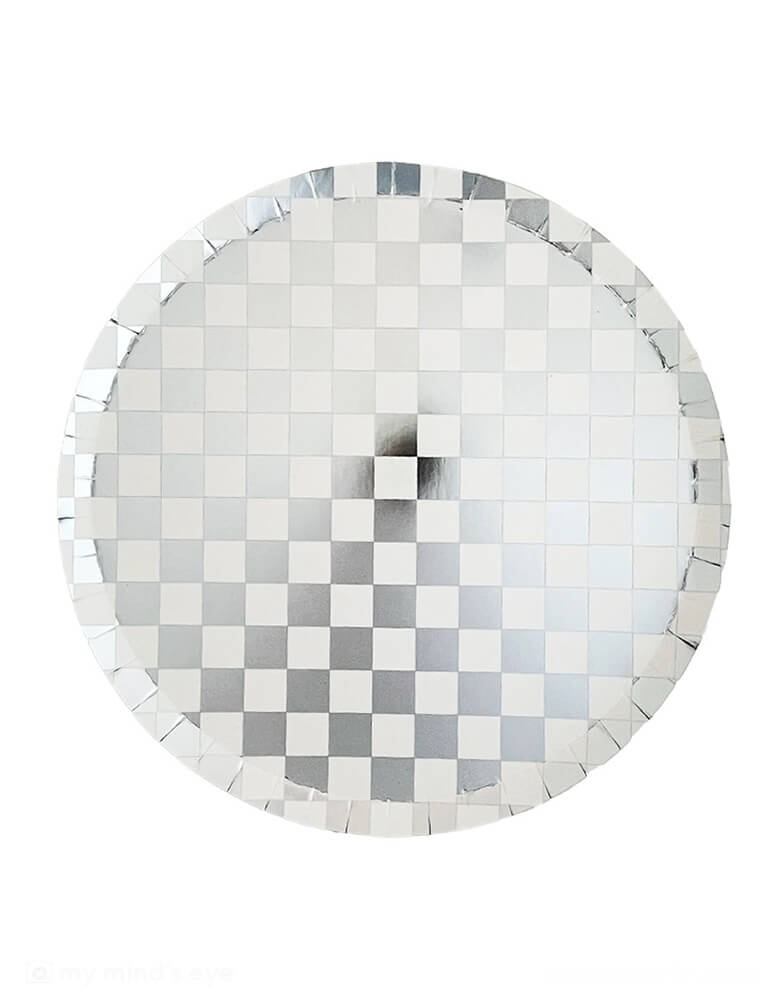 Momo Party's 10" Check It! Silver Checkered Dinner Plates by Jollity & Co. Inspired by the classic skater shoe, this Check It collection is sure to make your party checklist! The two-tone plates and checkered print dinner plates are perfect for mixing and matching with your favorite party pieces or used as stand-alone items. These silver checkered plates are perfect for a Toy Story Buzz Lightyear themed birthday, space themed party, or a New Year's Eve celebration!