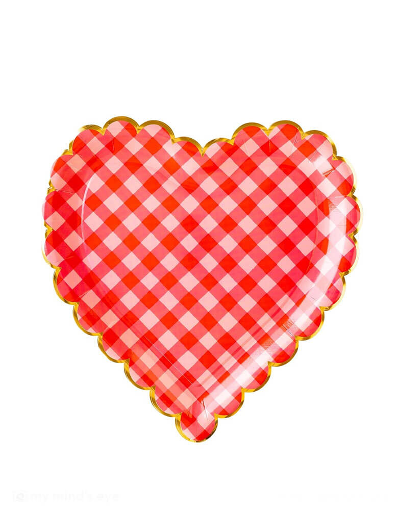 Momo Party's 10" x 10" Checkered Heart Shaped Paper Plates by My Mind's Eye. These red and pink gingham checkered heart shaped plates are fun and stylish way to serve up snacks, lunches, and dinners. Enjoy the charming pattern - love at first sight!