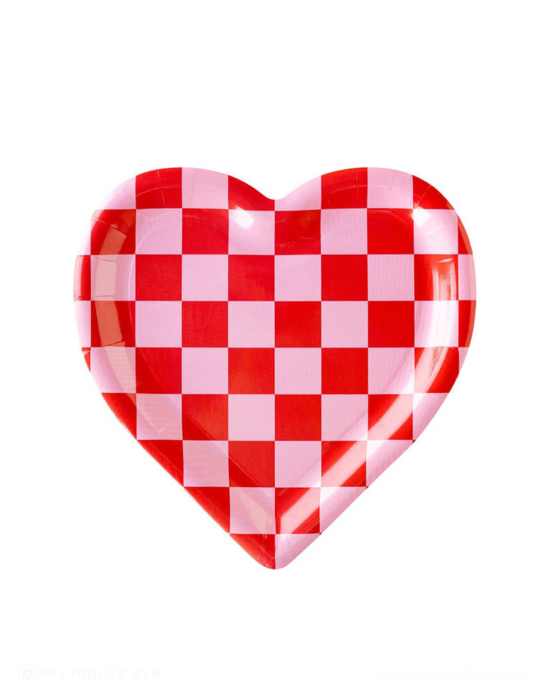 Momo Party's 10" x 10" checkered heart shaped paper plates by My Mind's Eye. Dish up your love on this adorable pink checkered heart-shaped plate! With Valentine's Day just around the corner, show your sweetheart you care with this delightful plate - it's checkered and it's heart-shaped.