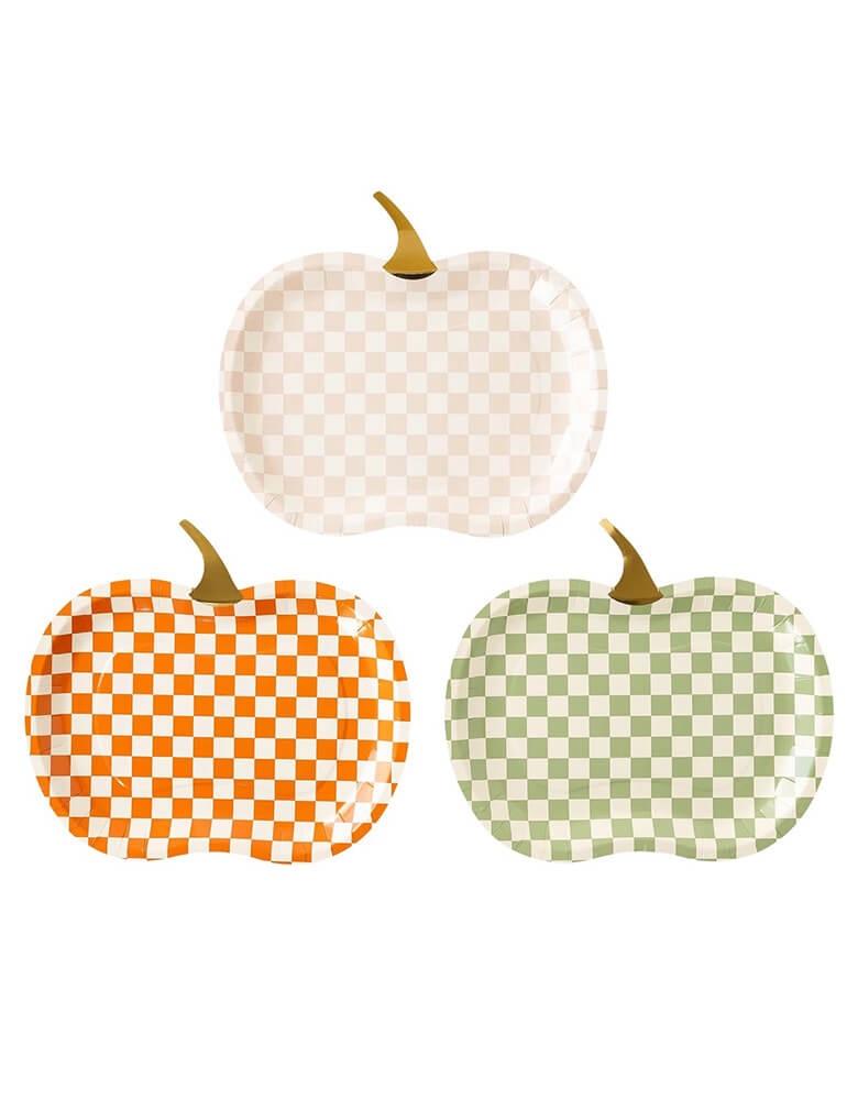 Momo Party's 11" Checkered Pumpkin Plate Set by My Mind's Eye. Comes in a set of pumpkin shaped paper plates in three different colors of peach, orange and olive green, these checker patterned pumpkin plates are modern and trendy for your fall or autumn gathering in this harvest season!
