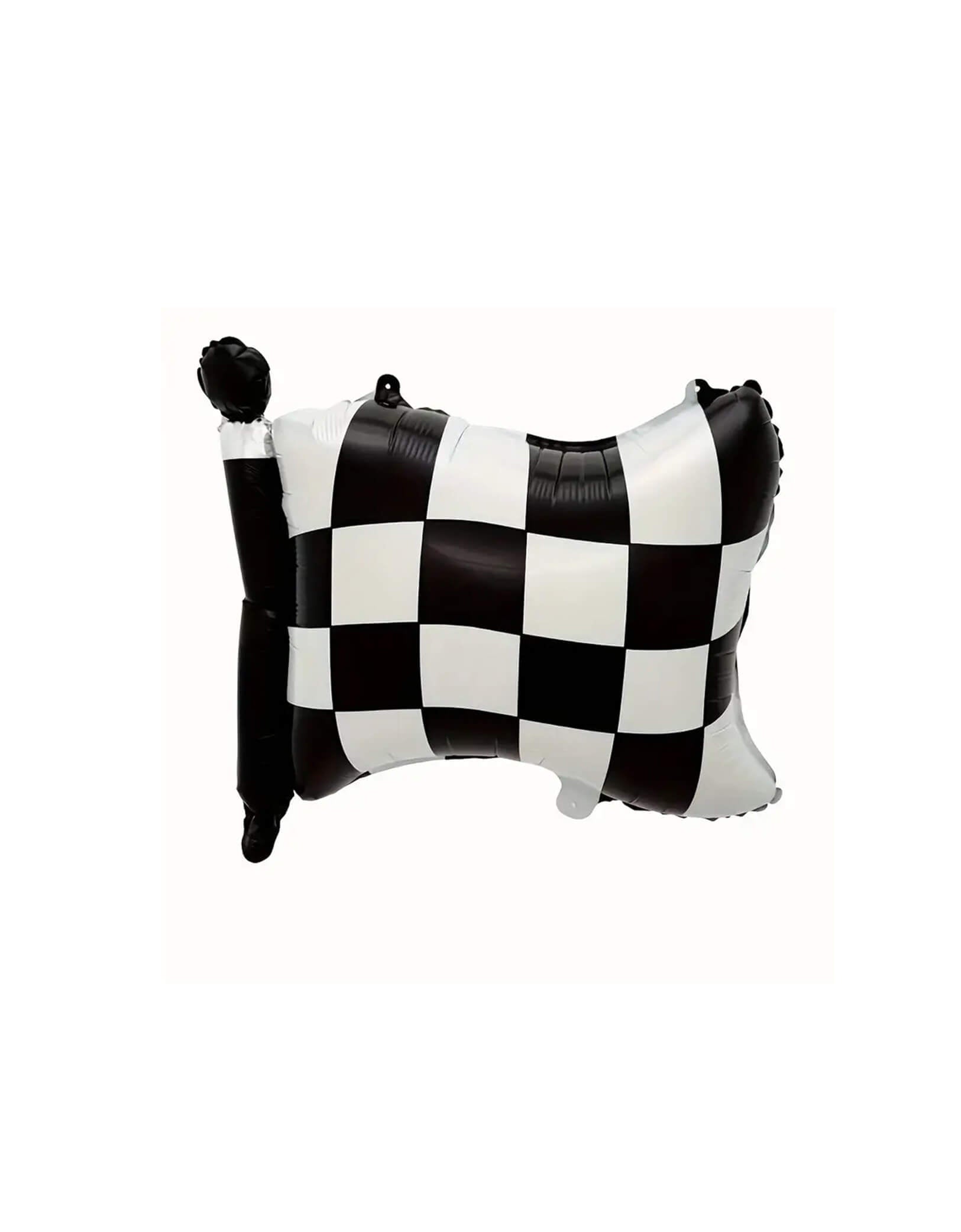 Momo Party's 16" x 13.8" Checkered Race Car Flag Foil Mylar Balloon. Accent your kid's race car themed party with this 18" checkered race car flag shaped foil balloon. This balloon includes a self-sealing valve, preventing the gas from escaping after it's inflated.