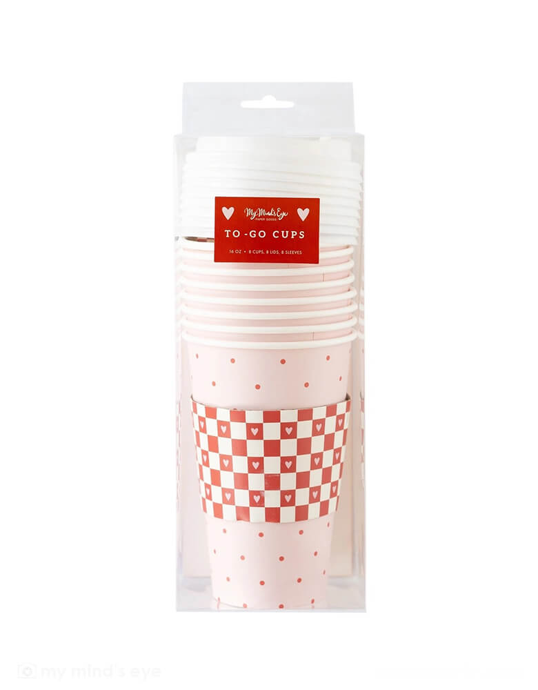 Momo Party's 16 oz Red Checks To-Go Cup Set by My Mind's Eye. Comes in a set of 8 cups and lids, sip your coffee with style in this red check and dot to-go cup set! Perfect for bringing your favorite morning brew on-the-go. The lively red check pattern will add some life to your morning routine! Plus, leak-proof lids give you peace of mind.