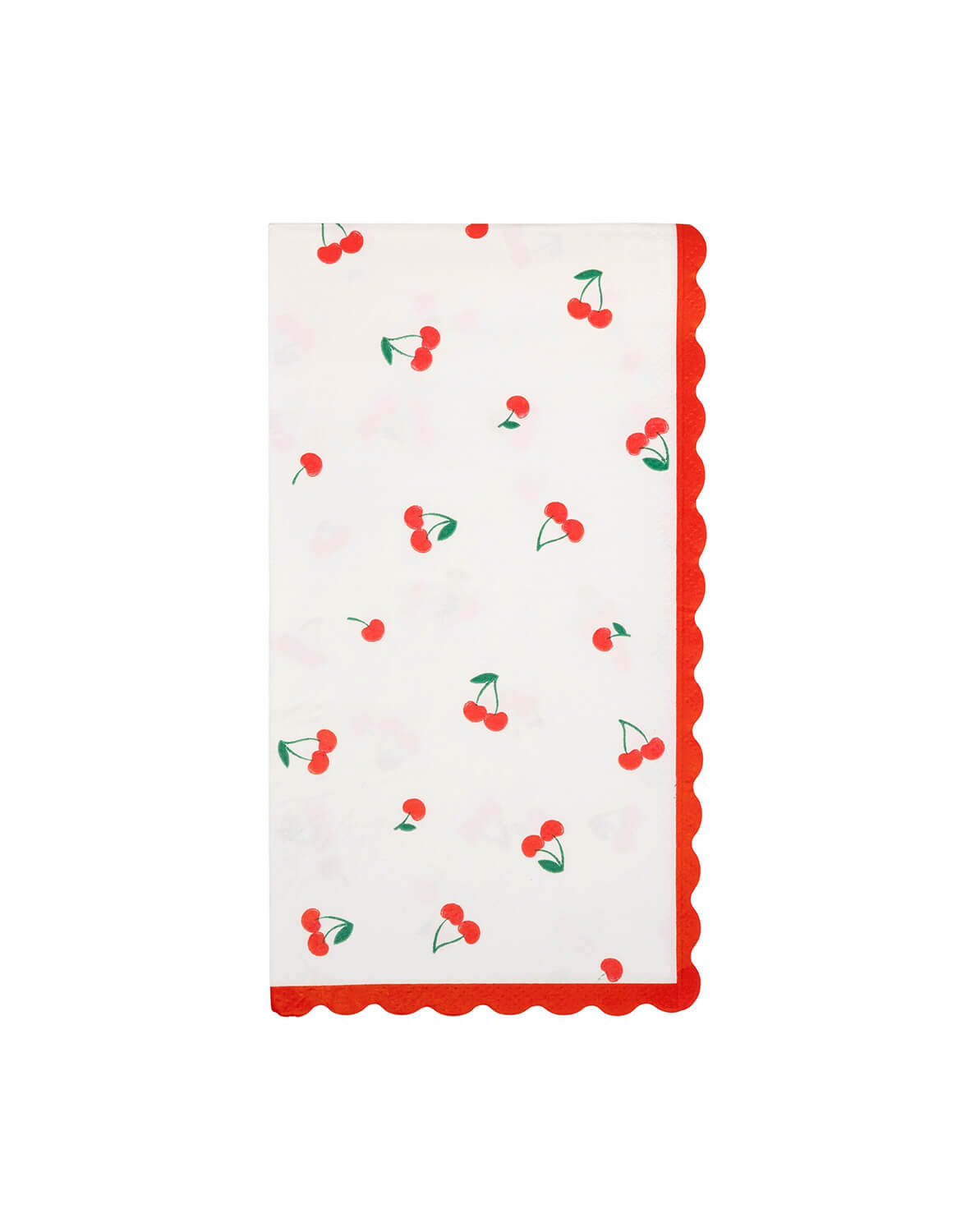 Momo Party's 4.25" wide x 7.75" tall cherries Dinner Napkin with cherry pattern and red scallop border around by My Mind's Eye on a white background.