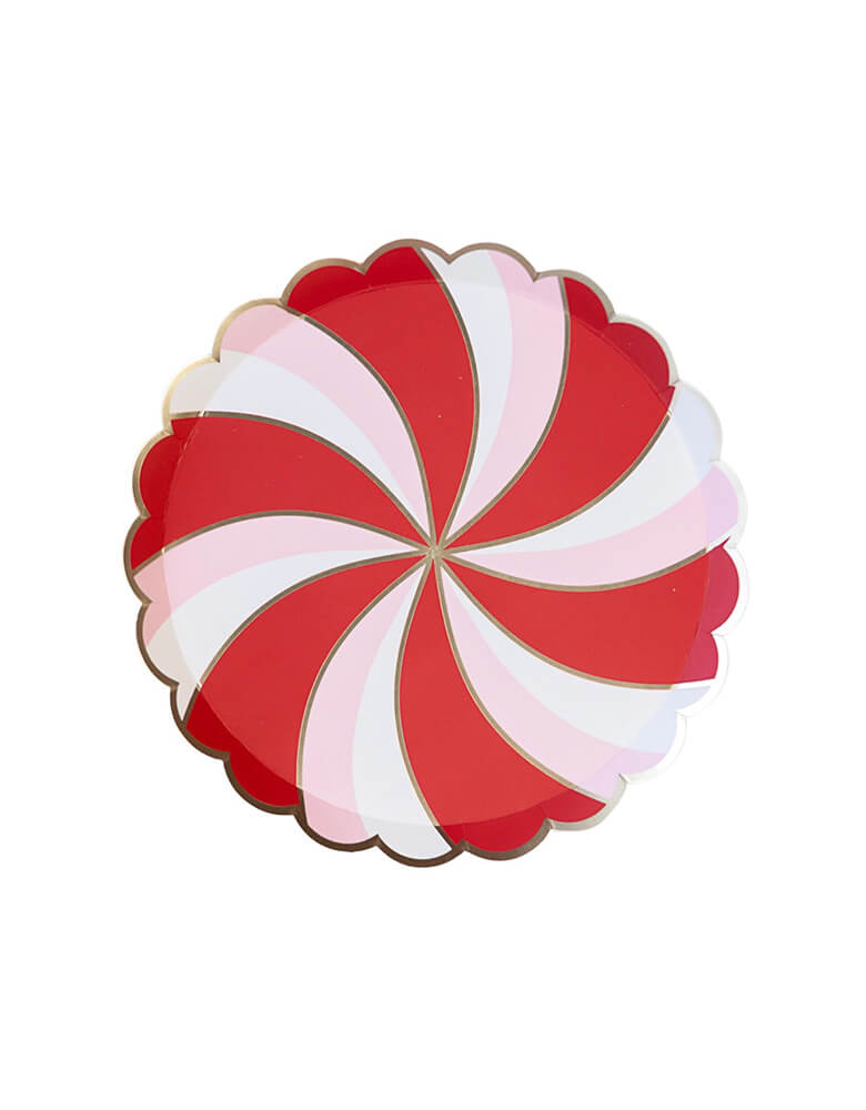 Momo Party's 8.5" Christmas Peppermint Candy Small Scalloped Plates by Bonjoour Fete. Comes in a set of 8 paper plates, add color and style to your holiday party with these stunning side plates! Featuring iridescent and red swirls for a really striking effect, these are must-have pink, red and gold foil cake or treat plates!&nbsp;