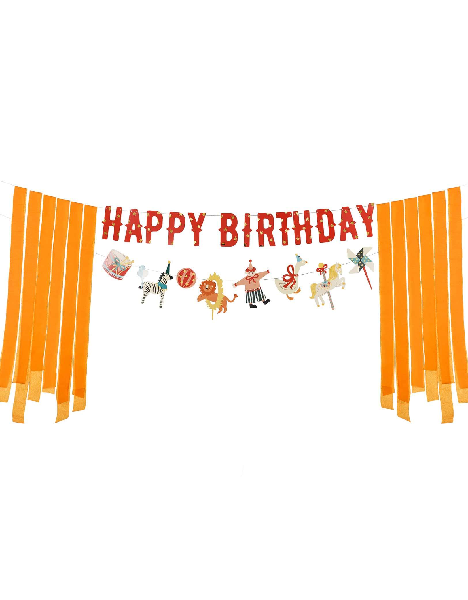 Momo Party's Circus Happy Birthday Banner Set by Party Deco. Featuring fun and festive circus animals, bright orange streamers, and the classic "Happy Birthday" message, this banner will add a playful touch to any party. Bring the carnival to your birthday bash with this fun and colorful set!