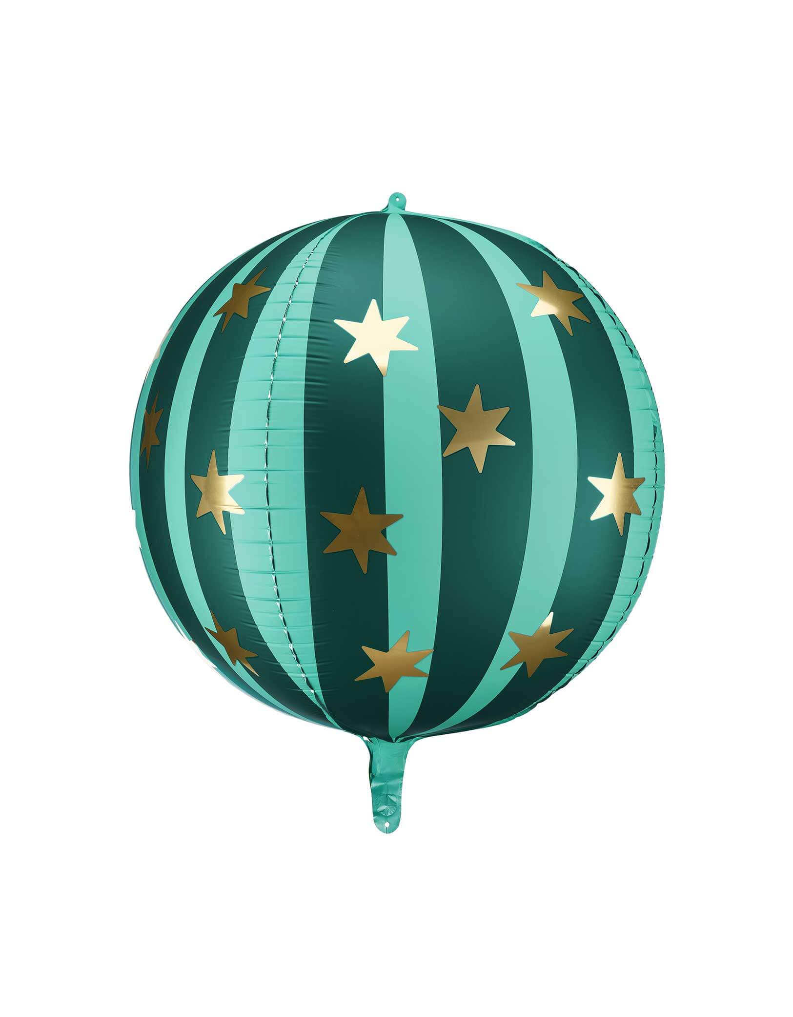 Momo Party's 30" Green Striped Globe Shaped Foil Mylar Balloon by Party Deco. With gold star around the balloon, it's perfect for a circus or carnival themed birthday party. Add a fun touch to your party decorations with this playful balloon. This balloon includes a self-sealing valve, preventing the gas from escaping after it's inflated.