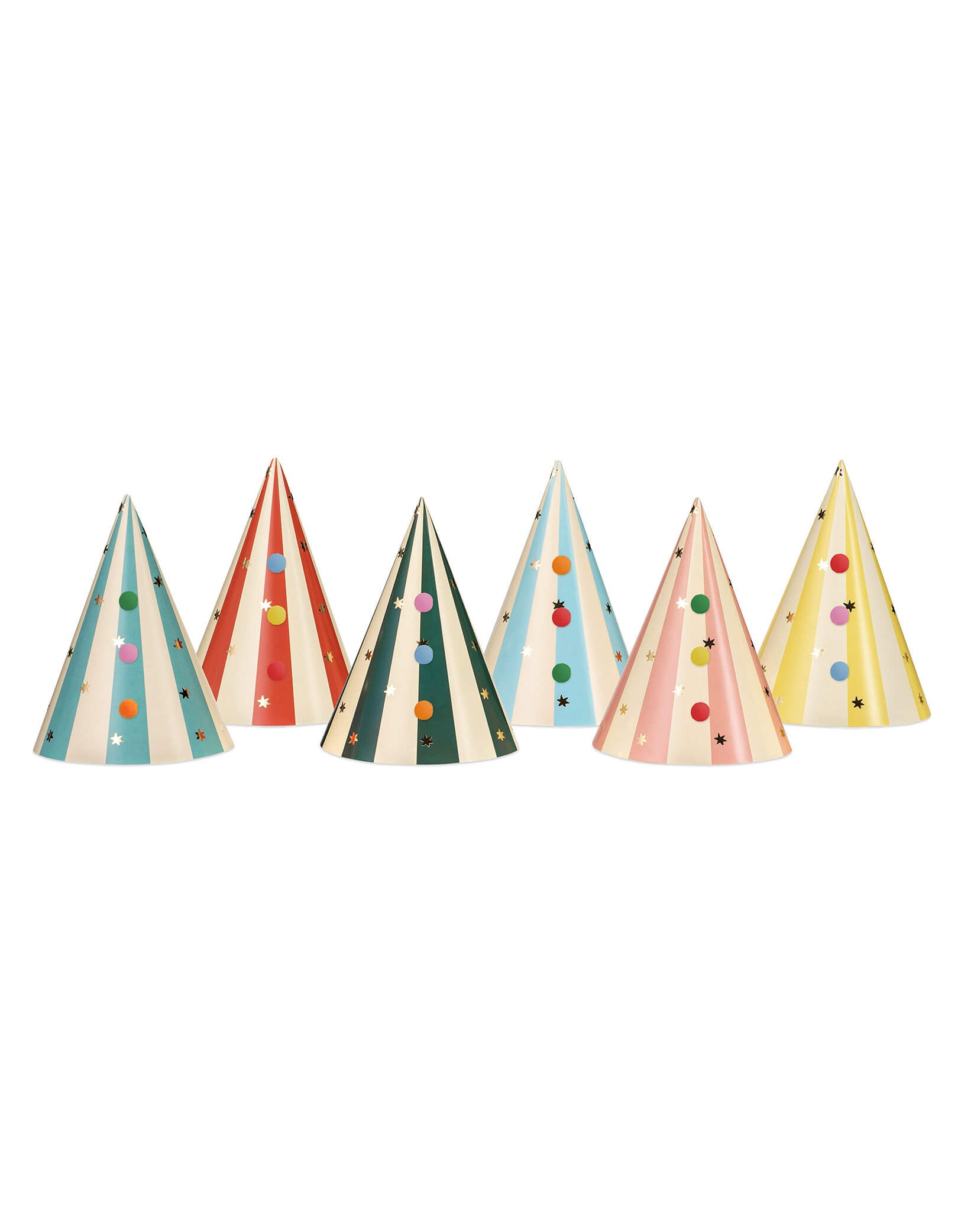 Momo Party's 5.7" Birthday Party Hats with Pompoms by Party Deco. This set of 6 festive and colorful hats, adorned with stars and stripes, will bring a cheerful vibe to your party. Perfect for a carnival or circus themed birthday party. Get ready for a fun and playful celebration!