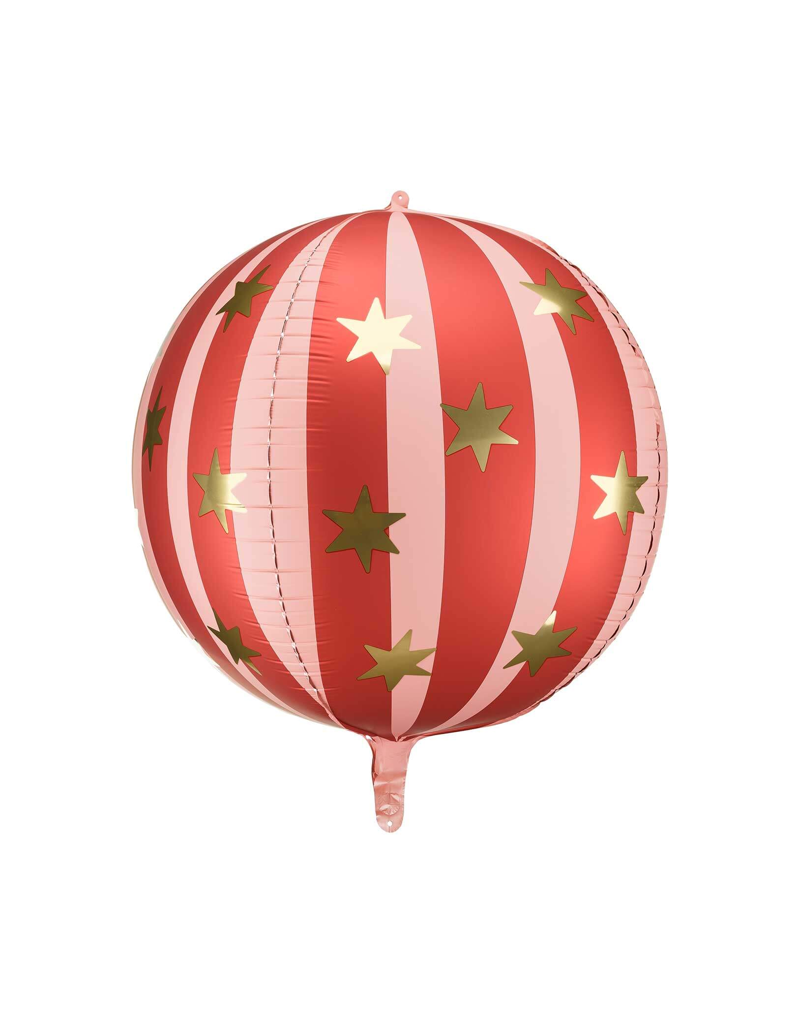 Momo Party's 30" Red Striped Globe Shaped Foil Mylar Balloon by Party Deco. With gold star around the balloon, it's perfect for a circus or carnival themed birthday party. Add a fun touch to your party decorations with this playful balloon. This balloon includes a self-sealing valve, preventing the gas from escaping after it's inflated.