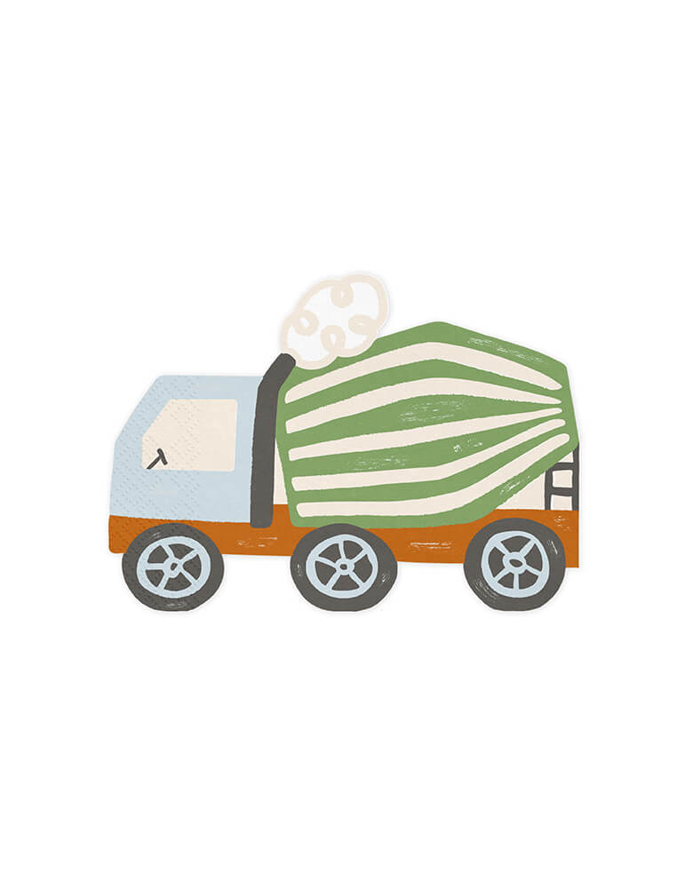 Momo Party's Concrete Mixer Truck Napkins by Party Deco. Featuring a Concrete Mixer Truck shaped napkin with modern green brown and light blue color tone. Perfect for a boy’s construction themed birthday party