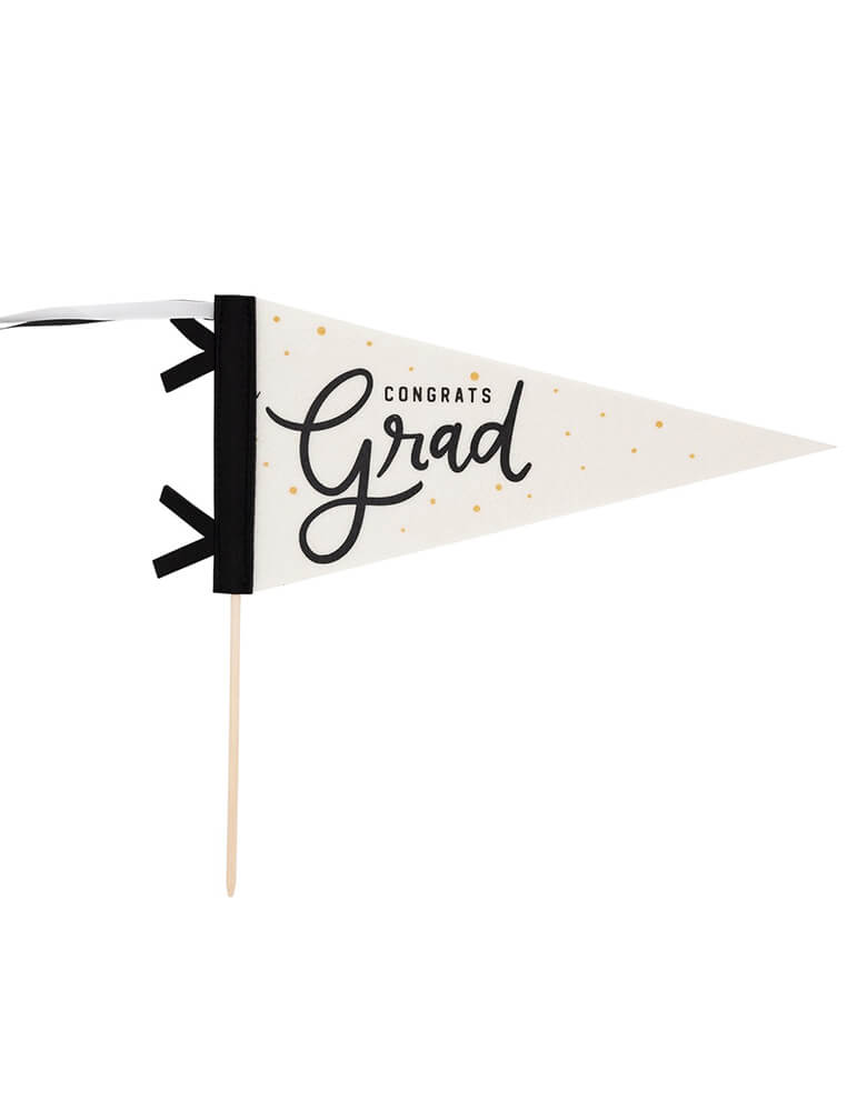 Momo Pary's Congrats Grad Felt Pennant Banner by My Mind's Eye. Celebrate a graduate's big achievement with this Congrats Grad Felt Pennant Banner! This playful banner features a felt pennant with ribbons, adding a fun and unique touch to any graduation party. Set it out and show off your grad's accomplishment in style!