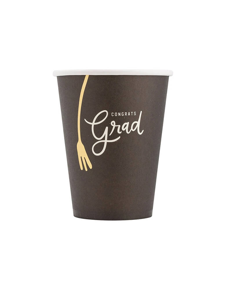 Momo Party's 12 oz black grad graduation party cups by My Mind's Eye. Comes in a set of 8 paper cups,  they are perfect for celebrating the end of the academic journey, this cup is a fun and quirky addition to any celebration. Cheers to the grad and the next chapter!