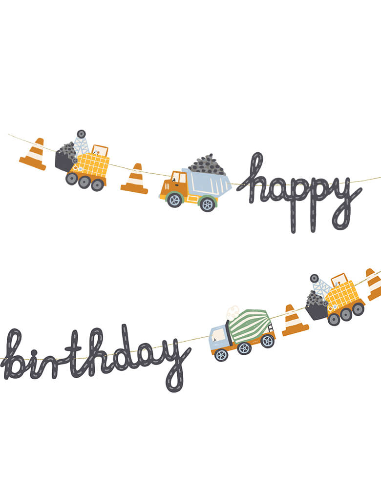 Momo Party's Construction Happy Birthday Banner by Party Deco. featuring construction themed shaped pennants including a mixer, a dump truck, two diggers and some cones. Perfect and easy decoration for your kid's construction themed Birthday Party