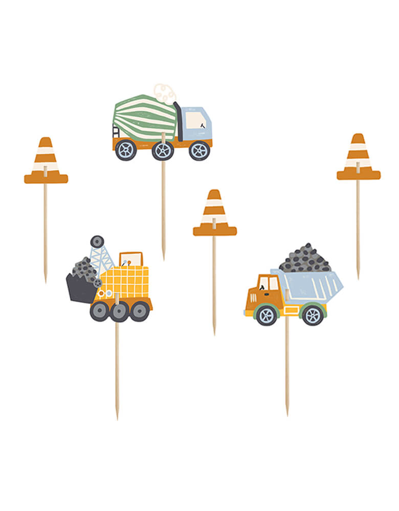 Momo Party's Construction Toppers by Party Deco. Featuring six-piece Construction Toppers with 3 type of trucks and construction cone design
