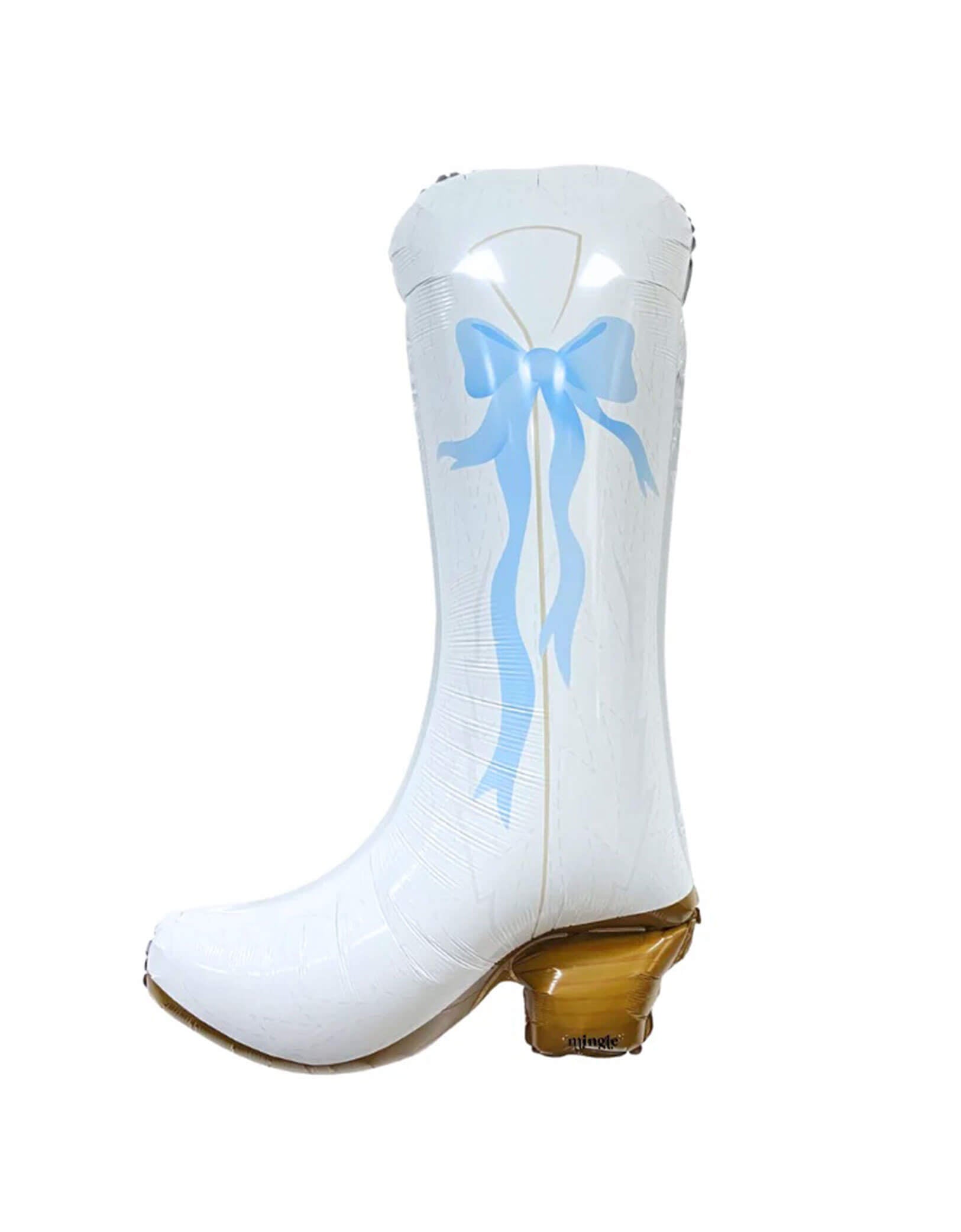 Momo Party's 30" Coquette Cowboy Boot Shaped Foil Balloon by Mingle Balloon Co. Featuring a blue bow and elegant design, this Derby-inspired balloon will be the talk of the town. Great for all occasions and perfect for celebrations with a love for all things horse themed. This balloon includes a self-sealing valve, preventing the gas from escaping after it's inflated. The balloon can be inflated with helium to float or with a balloon air inflator.