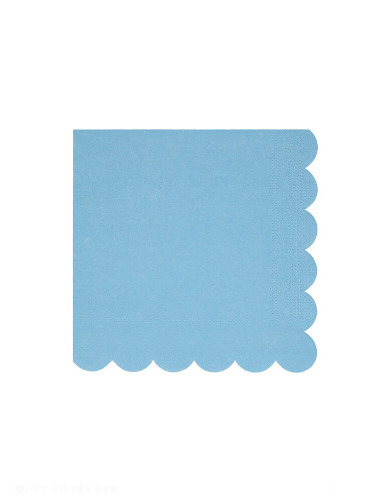 Momo Party's 6.5" x 6.5" cornflower blue large napkins by Meri Meri. These cornflower blue napkins have a beautiful scalloped edge to look amazing on your party table. They're perfect for a baby shower, birthday party or any celebration where you want a calming color palette.