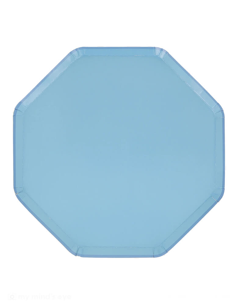 Momo Party's 10.25" x 10.25" Cornflower blue dinner plates by Meri Meri. The octagonal shape of these plates, teamed with a soft blue color on the front and back, makes them a striking choice for your party or special dinner. They're perfect for a baby shower, birthday party or any celebration where you want a calming color palette.