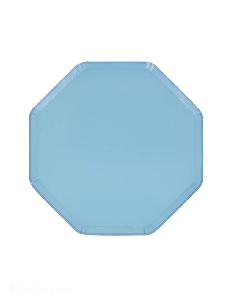Momo Party's 8.25" x 8.25" Cornflower blue side plates by Meri Meri. The octagonal shape of these plates, teamed with a soft blue color on the front and back, makes them a striking choice for your party or special dinner. They're perfect for a baby shower, birthday party or any celebration where you want a calming color palette.