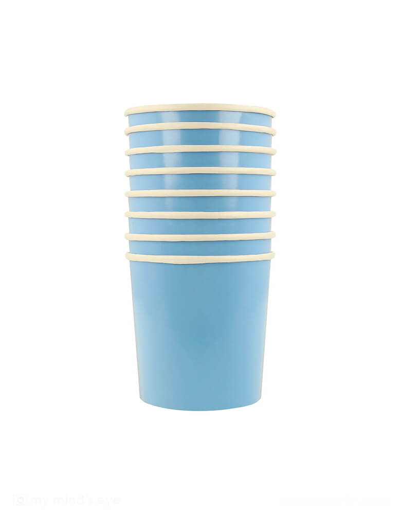 Momo Party's 9oz cornflower blue tumbler cups by Meri Meri. Comes in a set of 8 paper cups, They're perfect for a baby shower, birthday party or any celebration where you want a calming color palette. The cups are part of our stylish new take on mix and match tableware.