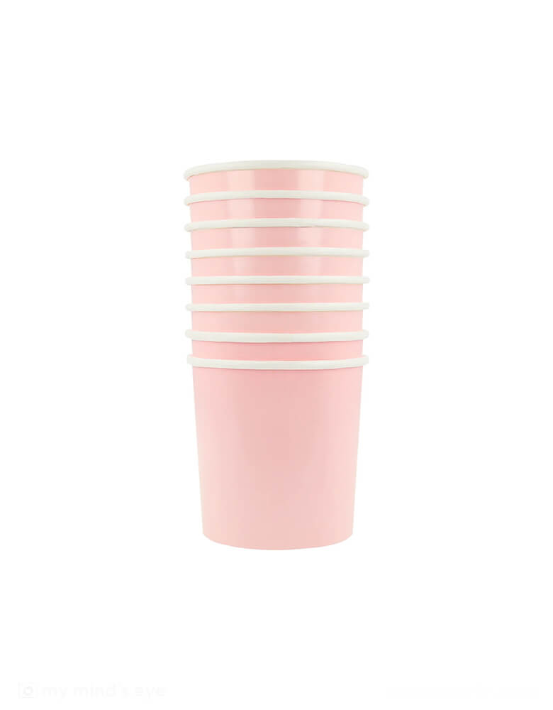 Momo Party's 9oz Cotton Candy Pink Tumbler Cups by Meri Meri. Comes in a set of 8 paper cups, these elegant pink party cups are perfect for your everyday celebration, be it a princess, fairy or tea party, a baby girl shower, or a spring gatherings with friends and family.