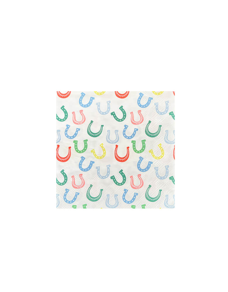 Momo Party's 5" x 5" horseshoe small napkins by Daydream Society. This awesome small napkin features a horseshoe pattern in shades of blue, green, and red. They make a perfect addition to your next rodeo!
