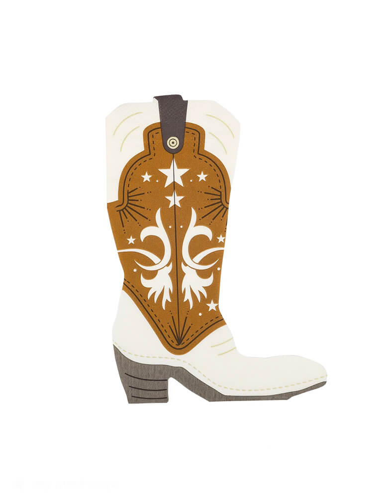 Momo Party's 5" x 7" Cowboy Boot Shaped Guest Napkins by My Mind's Eye.  Perfect for Wild West themed parties, or a "First Rodeo" kid's first birthday party, this quirky and playful napkin adds a touch of whimsy to any event. Made with high quality materials, it's durable and practical, making it a must-have for any cowboy or cowgirl. 