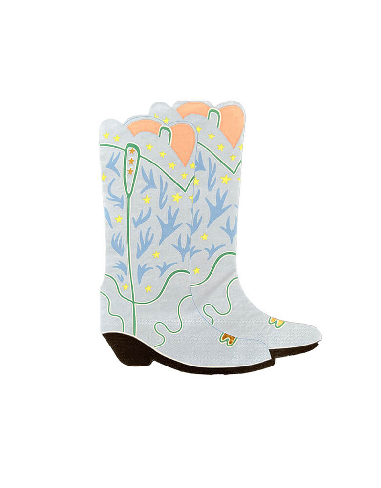Momo Party's 7.25 x 6.25 inches Blue Cowboy Boots Shaped Large Napkins by Daydream Society. Comes in a set of 16 napkins, these blue cowboy boot shaped napkins feature details in green and gold foil. These fun napkins are perfect for a wild west rodeo themed party.