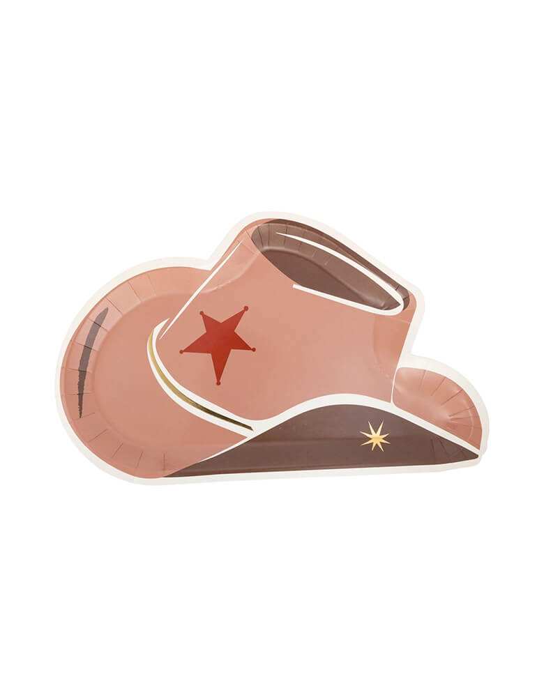 Momo Party's 9" x 12" Cowboy Tan Hat Shaped Plate by My Mind's Eye. Get ready to party with the Cowboy Tan Hat Shaped Plate. Perfect for any Wild West themed celebration, this plate is both functional and fun. Your guests will love the quirky shape and you'll love the convenience of a themed plate.