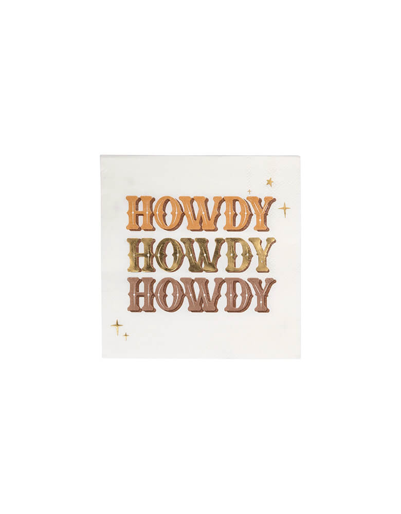 Momo Party's 5" Howdy small napkins by My Mind's Eye. Saddle up for a good time with these awesome cowboy howdy small napkins! These playful napkins are perfect for your next cowboy party! Kick back and relax with these quirky and fun napkins. Giddy up!