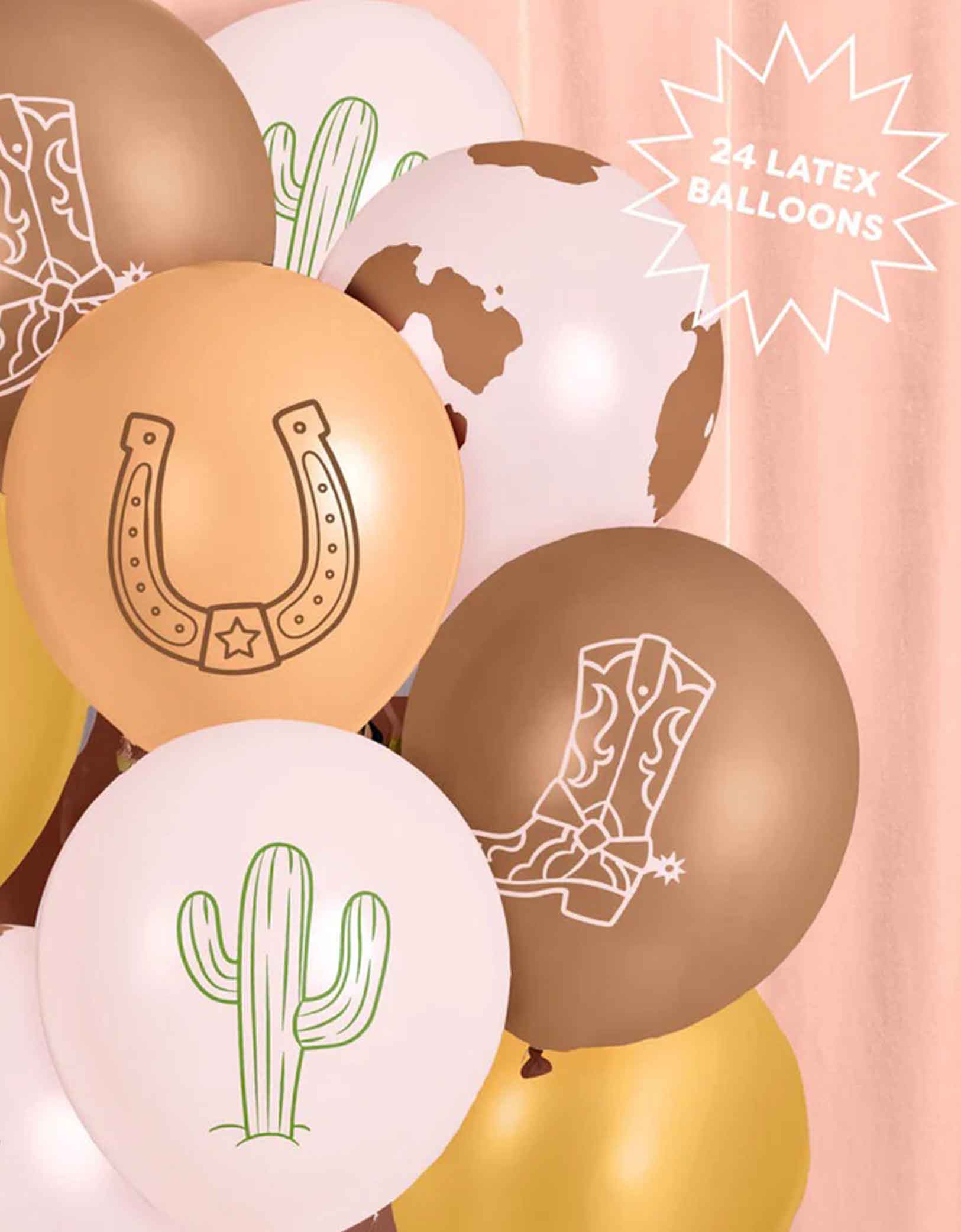 A close up shot of Momo Party's Western themed 12" latex Balloon mix in different colors with cowboy-themed designs including cow prints, cactus, horseshoe and cowboy boot on a pink curtain background.