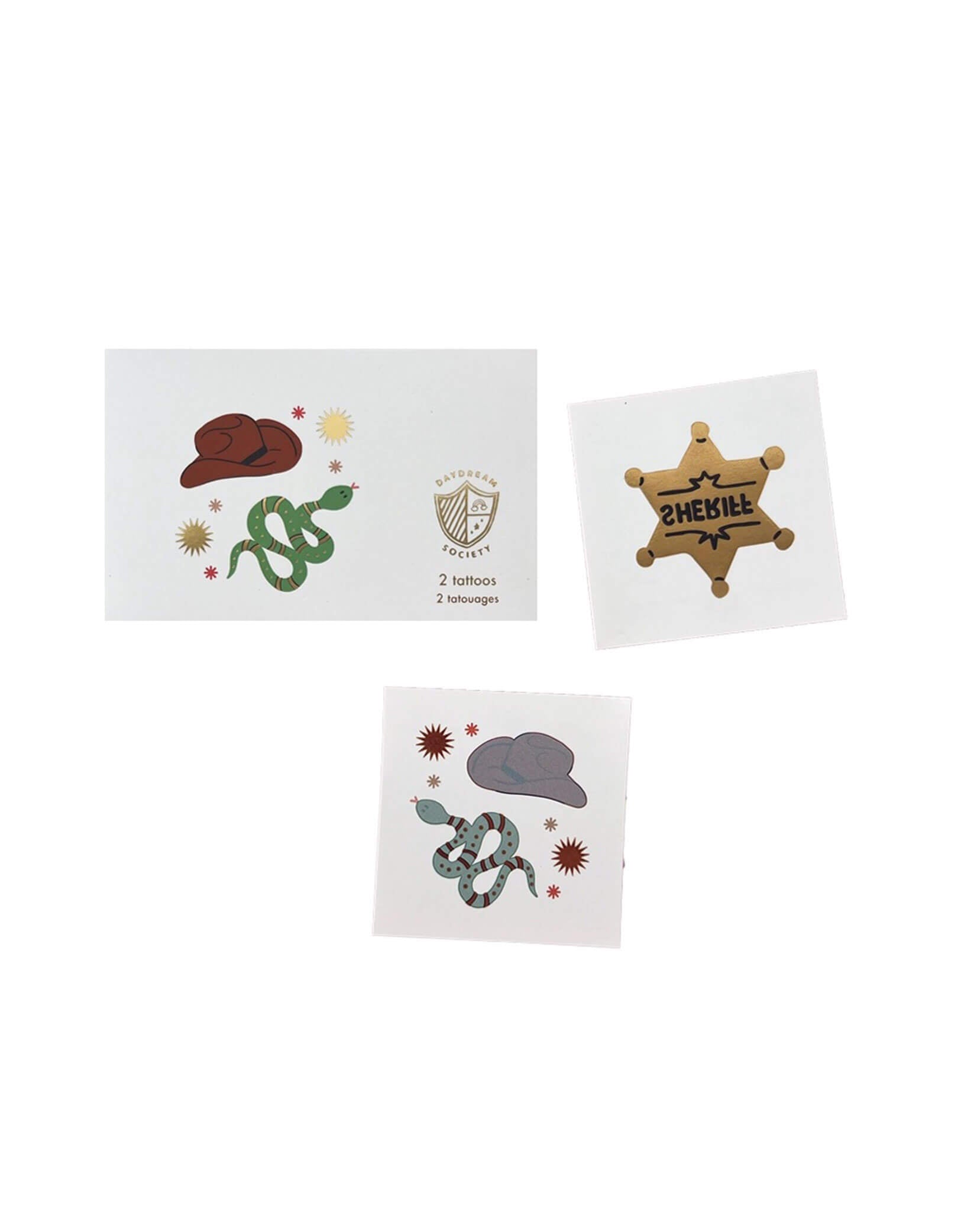 Momo Party's Yeehaw Cowboy Temporary Tattoos by Daydream Society.  These temporary tattoos feature designs of a cowboy hat, snake, and sheriff badge in shiny gold foil. They make perfect party favors for kid's Western or cowboy themed birthday celebration!
