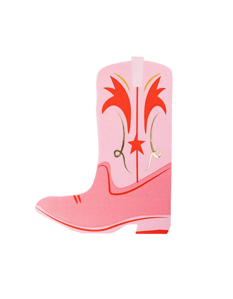 Momo Party's 5 ⅞" × 7 ¾" pink cowgirl boot shaped napkins by My Mind's Eye. With a playful pink design, they add a fun touch to any party. Wrangle in the mess and saddle up for a good time with these festive paper napkins. Comes in a set of 18 napkins, they're great for little girl's cowgirl rodeo themed birthday party or a bachelorette party!
